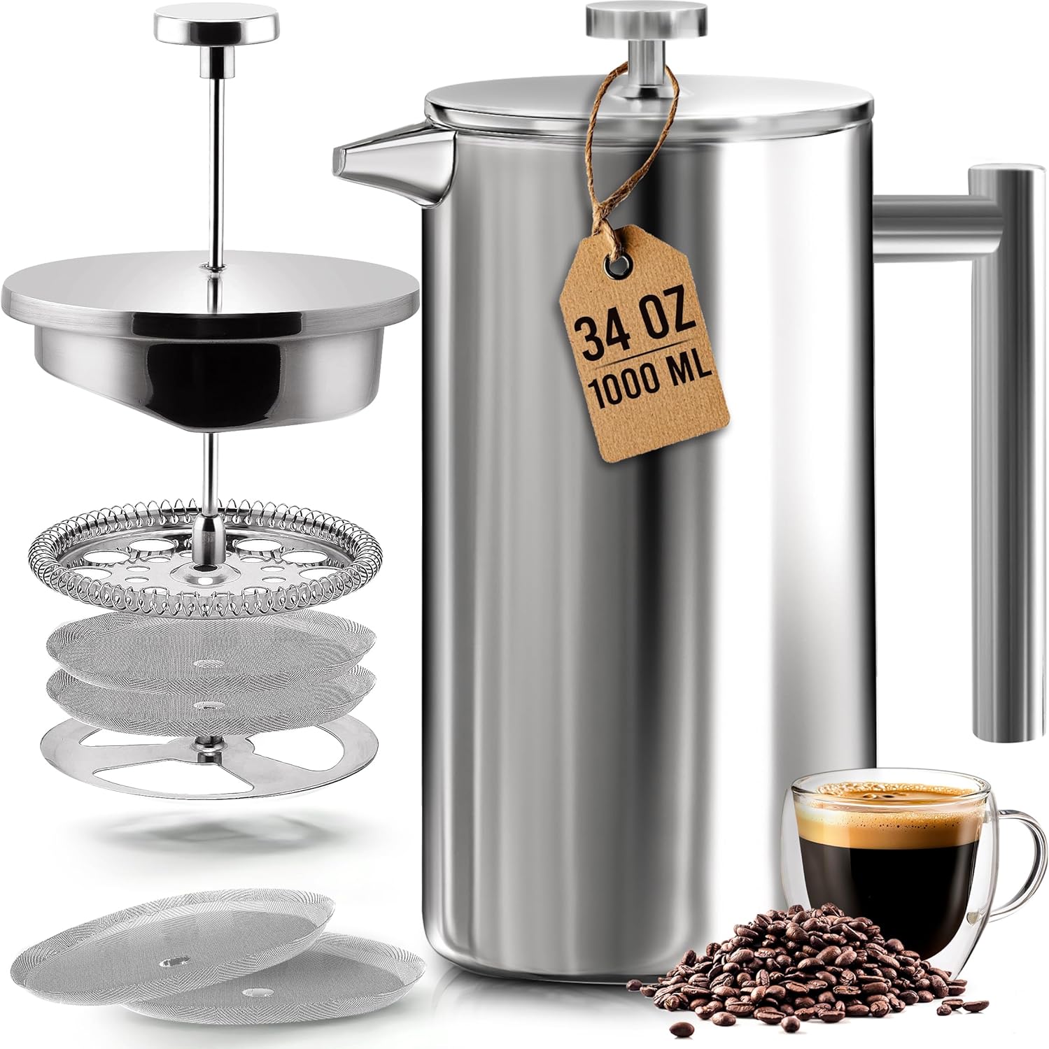 French Press Coffee Maker - Kitchen 304 Grade Stainless Steel French